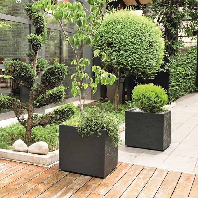 Deroma Gravity 10” Cube Planter | Light & Durable Plastic | Indoor or Outdoor Square Pot for Patio/Porch | Includes Water Reserve & Drain Plug | Trendy Planter for Plants, Flowers, Garden | Black