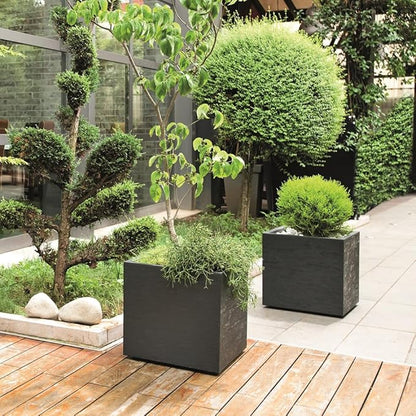 Deroma Gravity 10” Cube Planter | Light & Durable Plastic | Indoor or Outdoor Square Pot for Patio/Porch | Includes Water Reserve & Drain Plug | Trendy Planter for Plants, Flowers, Garden | Black