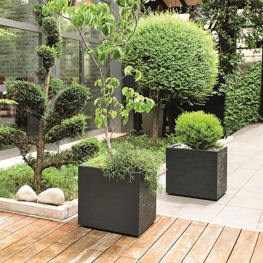 Deroma Gravity 10” Cube Planter | Light & Durable Plastic | Indoor or Outdoor Square Pot for Patio/Porch | Includes Water Reserve & Drain Plug | Trendy Planter for Plants, Flowers, Garden | Black