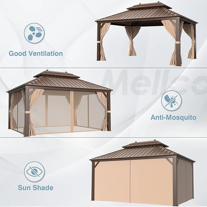 MELLCOM 10'x13' Hardtop Gazebo Double Roof Galvanized Steel Canopy with Aluminum Frame, Permanent Metal Pavilion with Netting and Curtains for Patio, Gardens and Lawns