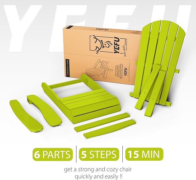 YEFU Plastic Adirondack Chairs Weather Resistant, Patio Chairs 5 Steps Easy Installation, Like Real Wood, Lawn, Outside, Garden Chairs (Kelly Green)