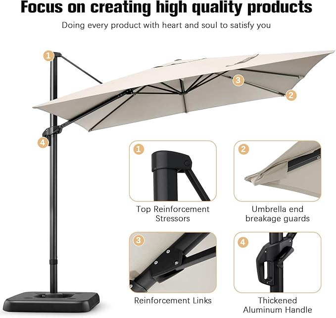 Hotime 10ft Patio Umbrella Outdoor Patio Windproof and Height adjustable, Heavy Duty Aluminum Square Offset Patio Umbrella Cantilever Pool Umbrella with 360°Rotation for Garden Deck Pool, Beige