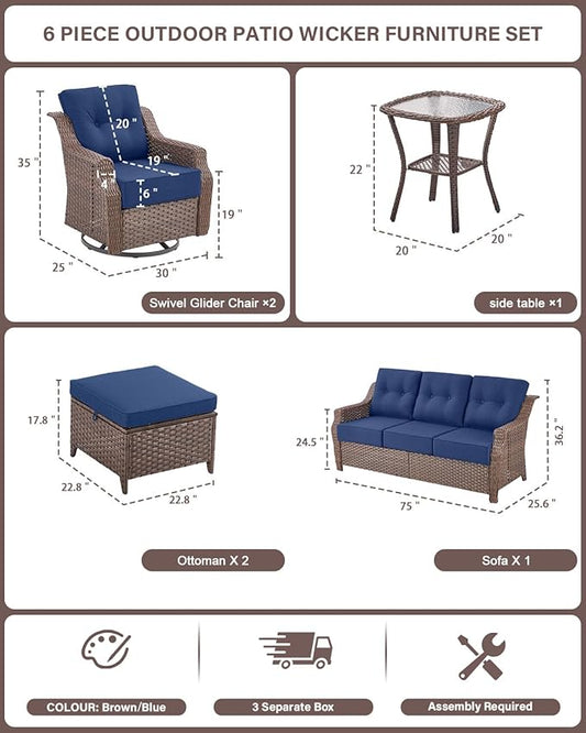 Belord High Back Outdoor Patio Furniture Set - Wicker Outdoor Swivel Rocker Patio Chairs with Sofa and Ottoman, All-Weather Patio Conversation Set for for Patio Deck Backyard
