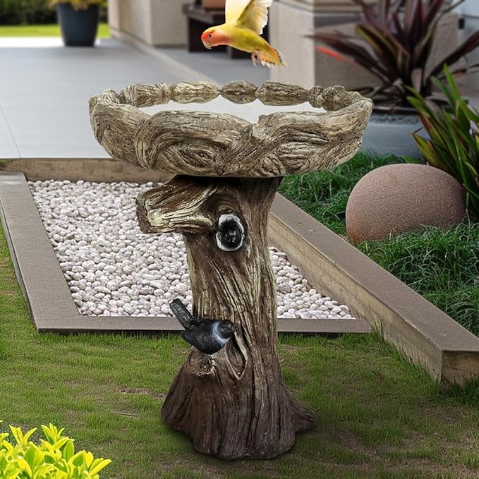watnature 23” Tall Fibre Reinforced Concrete Birdbaths with Birds for Patio, Woodland Tree Trunk Decorative Outdoor Bird Bath for Garden，Pedestal Birdbaths for Outdoors, Garden, Patio, Lawn, Backyard