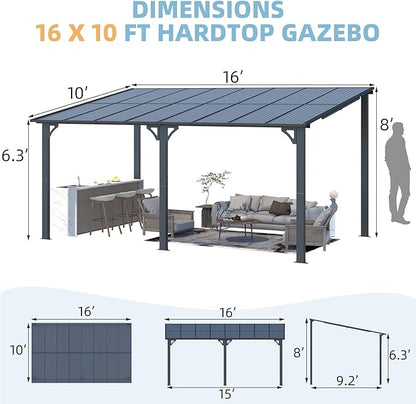 AECOJOY 16' x 10' Gazebo Outdoor Pergola for Patio, Large Wall-Mounted Hard Top 10x16 Lean to Metal Gazebo Shelter Pergolas and Gazebos Clearance with Patio Roof, Heavy Duty Awnings for Patio, Decks
