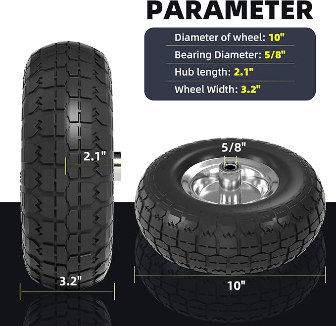 【UPGRADED】4.10/3.50-4 Tire and Wheel Flat Free, 10 Inch Solid Rubber Tire with 5/8”Axle Bore Hole and Double Sealed Bearings, for Dolly Wheels/Hand Truck Wheels/Dump Cart，4 Pack