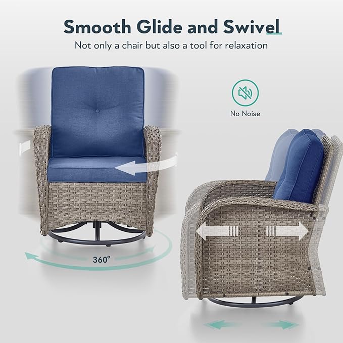 Outdoor Swivel Glider Rocker Chairs Set- 5 Piece Patio Furniture Set, Patio Bistro Sets with Tempered Glass Side Table and 2 Ottoman, for Balcony, Porch - Grey Wicker Blue Cushion