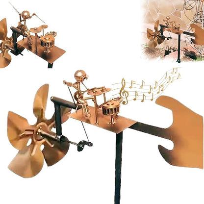 Garden Handmade Metal Rock Band Drummer Guitar Windmill, Kinetic Art Metal Sculpture Wind Spinners, Percussionist Music Rockin Art Figurine, Windmills for Yard Lawn Patio Outdoor Decor (Drummer)