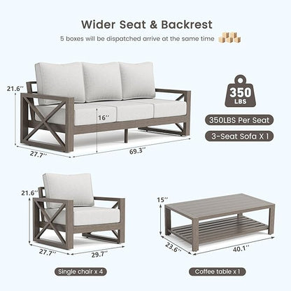 UDPATIO 4 Piece Faux Wood Aluminum Patio Furniture Set Modern Outdoor Furniture Patio Conversation Sets with Coffee Table for Balcony, Backyard, 600D Waterproof Cover Included, Light Grey