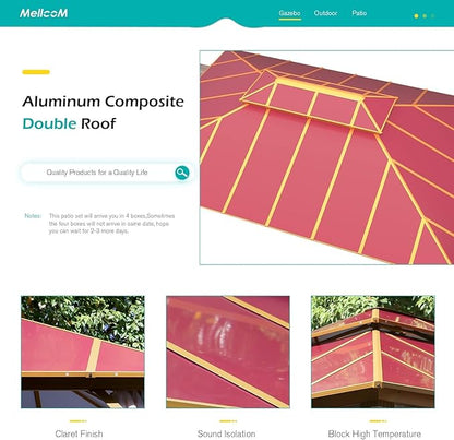 MELLCOM 12' x 16' Hardtop Gazebo, Wooden Finish Coated Aluminum Frame Outdoor Gazebos with Aluminum Double Roof, Claret Metal Gazebo with Curtains and Nettings for Patios, Gardens, Lawns