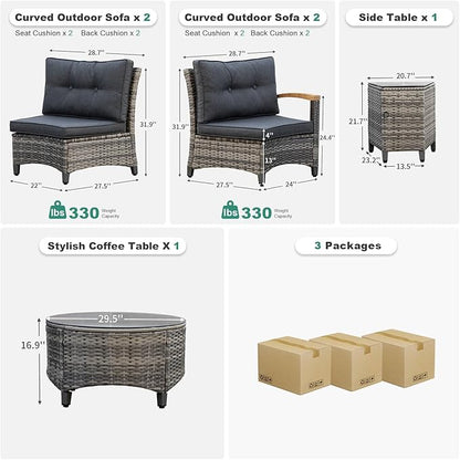 MEISSALIVVE 6 Piece Outdoor Patio Furniture Set, Half-Moon Curved Sectional Set with Wood Armrests, Patio Conversation Set, Tempered Glass Coffee & Side Tables (Grey)