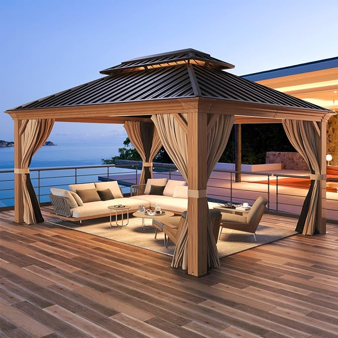 MELLCOM 12'x14' Wood Looking Hardtop Gazebo, Aluminum Frame and Galvanized Steel Double Roof, Metal Outdoor Gazebo with Curtains and Nettings for Deck Backyard and Patio