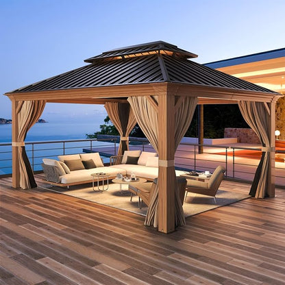 MELLCOM 12'x14' Wood Looking Hardtop Gazebo, Aluminum Frame and Galvanized Steel Double Roof, Metal Outdoor Gazebo with Curtains and Nettings for Deck Backyard and Patio