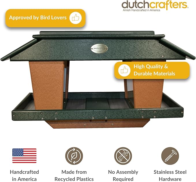 DutchCrafters Poly Post Mount Extra Large Double Hopper Bird Feeder, Outdoor Wild Bird Feeder for Outside, USA Amish Made (Turf Green & Cedar)