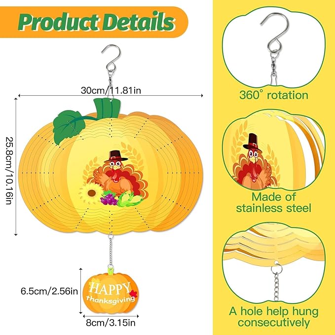 Thanksgiving Wind Spinners Fall Harvest Turkey Pumpkin Wind Spinner 3D Stainless Steel Hanging Wind Sculptures for Indoor Outdoor Yard Garden Decorations - 11.8 Inch