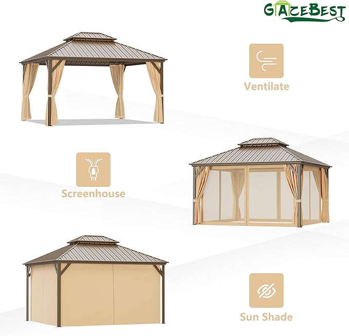12'x14' Hardtop Gazebo Outdoor Aluminum Patio Gazebo Double Roof Galvanized Steel Canopy with Netting and Curtains,for Garden, Backyard,Deck and Lawns