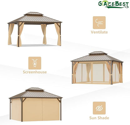 12'x14' Hardtop Gazebo Outdoor Aluminum Patio Gazebo Double Roof Galvanized Steel Canopy with Netting and Curtains,for Garden, Backyard,Deck and Lawns