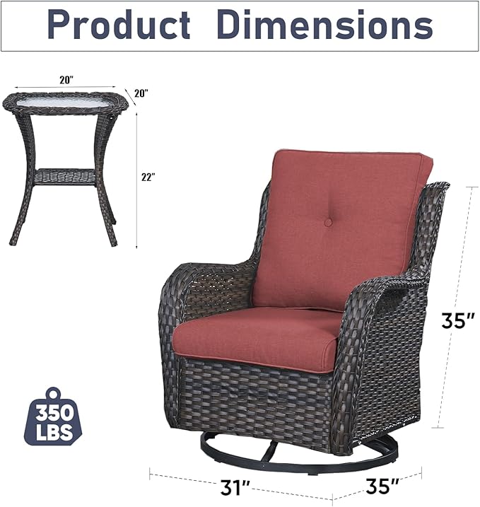 Luxury Wicker Swivel Patio Chairs Set of 3, Outdoor Swivel Rocking Chairs with Side Table, Outdoor Bistro Set for Patio, Porch, Yard, Deck, Poolside, Brown/Red