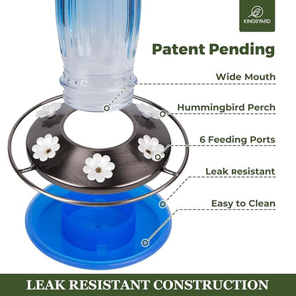 Kingsyard 2 Pack Glass Hummingbird Feeder for Outdoors, 16 Oz Wild Bird Feeder with 6 Feeding Ports Hanging for Garden Yard, Blue (Ant Moat Included)