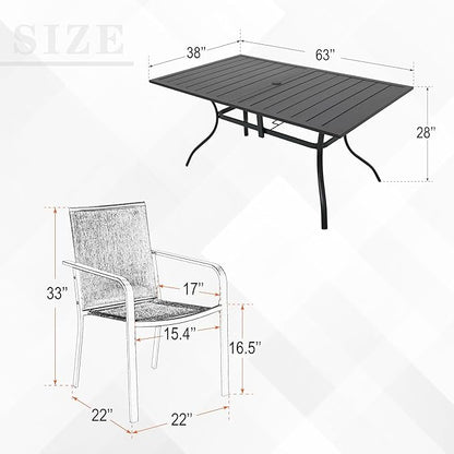 7-Piece Outdoor Patio Dining Set, 6 Stackable Patio Outoor Chairs & Rectangular Dining Table with All Weather Frame Furniture Set - Brown Tan