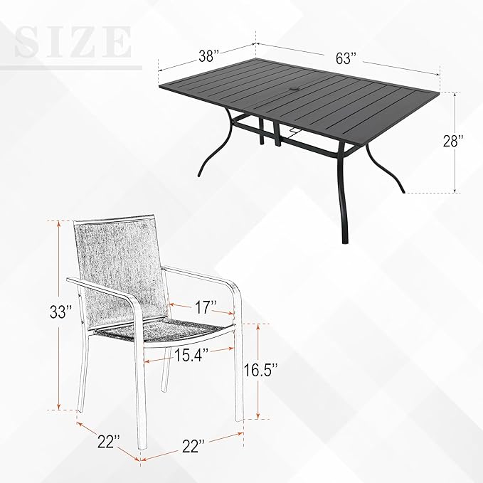 7-Piece Outdoor Patio Dining Set, 6 Stackable Patio Chairs & Rectangular Dining Table with All Weather Frame Furniture Set - Gray
