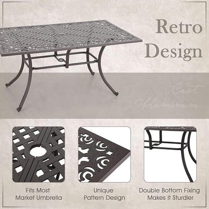MFSTUDIO 7 Pieces Cast Aluminum Patio Dining Set, Retro Design Outdoor Table and Chairs Set with 6×Swivel & Rock Chair and 1×63" Rectangular Outdoor Dining Table