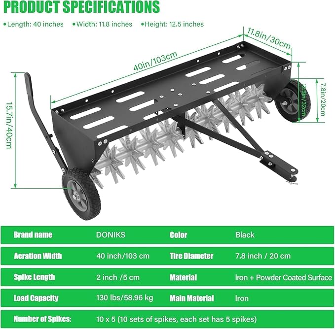 Doniks 40-Inch Tow Behind Plug Aerator with Transport Wheels, Lawn Aerator Tow Behind with Galvanised Steel Tines and Extra-Wide Tow Bar, Pull Behind Aerator for Gardens, Lawns, Farms