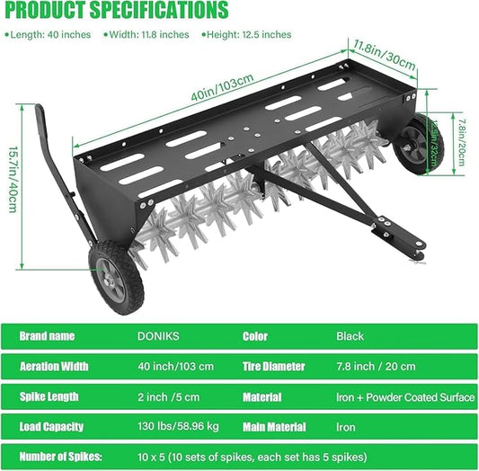 Doniks 40-Inch Tow Behind Plug Aerator with Transport Wheels, Lawn Aerator Tow Behind with Galvanised Steel Tines and Extra-Wide Tow Bar, Pull Behind Aerator for Gardens, Lawns, Farms