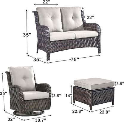 Outdoor Wicker Patio Furniture Set - 5 Piece Rattan Patio Conversation Set with 2 Rocking Swivel Chairs,2 Ottomans and 1 Loveseat for Porch Deck Backyard Garden(Brown/Beige)