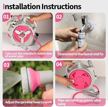 Kitness Mini Retractable Garden Hose Reel, Portable Simple Home 45+5 FT Hose Reel with 7 Adjustable Patterns Spray Nozzle&Standard Connector, Watering Hose Reel for Gardens Yards and lawns (Rose red)