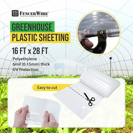 CAPHAUS 6 mil Clear Greenhouse Plastic Sheeting, 4-Year UV Resistant Polyethylene Film, Hoop House Cover for Horticulture, Gardening, Farming and Agriculture, 90% Light Transmittance, 16’ x 28’