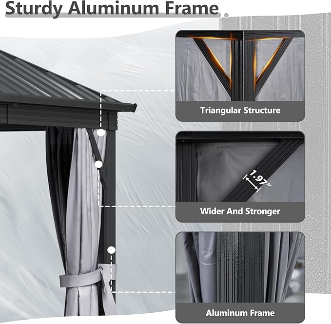 Aoxun 10'x12' Hardtop Gazebo Featuring Aluminum Frame & Double Galvanized Steel Roof, Outdoor Metal Shelter with Netting, Plus LED Waterproof Hanging Lights