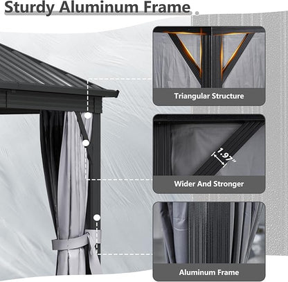 Aoxun 10'x12' Hardtop Gazebo Featuring Aluminum Frame & Double Galvanized Steel Roof, Outdoor Metal Shelter with Netting, Plus LED Waterproof Hanging Lights