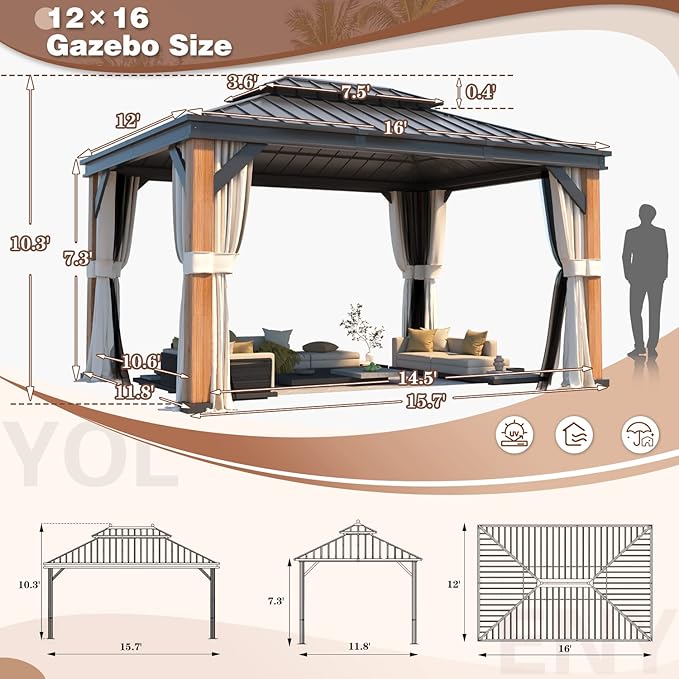 YOLENY 12'x16' Hardtop Gazebo Ultra-Thick Columns and Beams, Gazebo with Wood Grain Aluminum Frame, Galvanized Steel Roof, Permanent Metal Pavilion with Netting and Curtains for Backyard and Patio