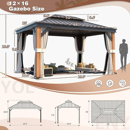 YOLENY 12'x16' Hardtop Gazebo Ultra-Thick Columns and Beams, Gazebo with Wood Grain Aluminum Frame, Galvanized Steel Roof, Permanent Metal Pavilion with Netting and Curtains for Backyard and Patio