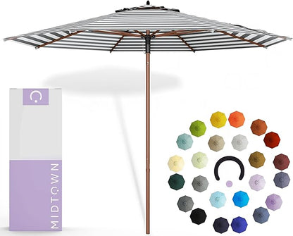 Midtown Umbrellas The Wooden 9 Feet Patio Umbrella With Terylast Zebra (Black/White Stripes) Polyester Fabric - Aluminum Frame Market Umbrella For Backyard, Deck, Garden, Pool - Wooden Pole