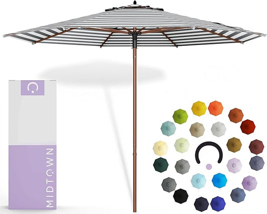 Midtown Umbrellas The Wooden 9 Feet Patio Umbrella With Terylast Zebra (Black/White Stripes) Polyester Fabric - Aluminum Frame Market Umbrella For Backyard, Deck, Garden, Pool - Wooden Pole