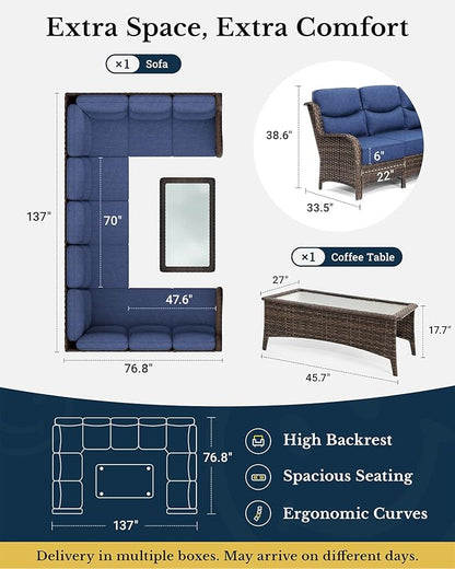 HILLGA Luxury Patio Furniture Set with 6-inch Thick Cushion, Outdoor Sectional Sofa and Coffee Table, 2PCS Wicker Conversation Set for Deck Yard and Poolside, Blue (V2)