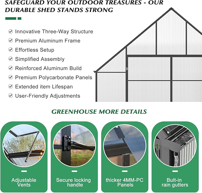 10'x10'x20' Snap-Together Greenhouse - Easy 3-Way Connectors, Heavy-Duty Aluminum Frame, Wind/Snow Resistant for Gardening/Urban Farming, Includes Sliding Door & Ventilation Windows