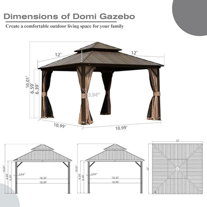 Domi 12' x 12' Hardtop Gazebo Permanent Metal Gazebo with Galvanized Steel Double Roof, Curtains and Netting for Party, Wedding, Outdoor Dining, Patio, Backyard, Brown