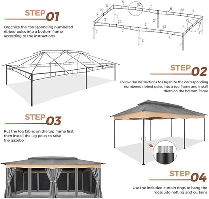 COBIZI Gazebo 12x20 Heavy Duty Gazebos with Curtain and Netting Outdoor Gazebo Canopy Double Roof Patio Gazebos with Metal Steel Frame for Patio, Garden, Backyard (Gray)