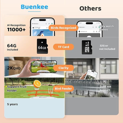 Smart Bird Feeder with Camera - 2K HD Live View & Auto Capture, AI Bird Identification, Solar Powered with 64GB SD Card, Real-Time Alerts, 5 DIY Accessories for Birds Lovers