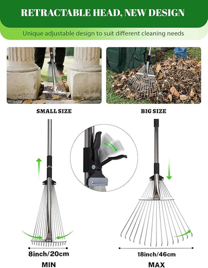 Adjustable Metal Leaf Rake Set Garden Rake for Leaves Long Handle 37"-63" Expandable Head Gardening Tools Set Includes 44 Gallon Bag & Scoop & Gloves Rakes for Lawns Heavy Duty for Yard Lawn Garden