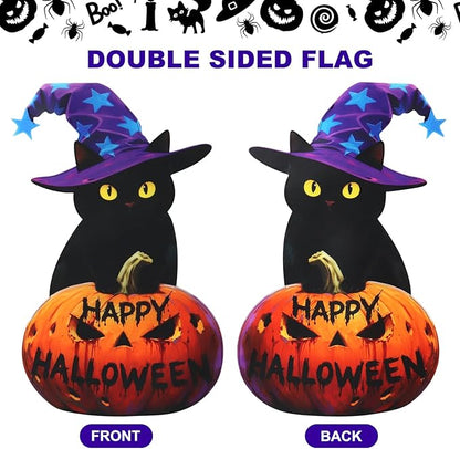 Halloween Black Cat Garden Flags 12x18 Inch Double Sided, Happy Halloween Pumpkin Welcome Small Yard Flags for Outside, Farmhouse Front Porch Outdoor Fall Decor Holiday All Seasons Decoration