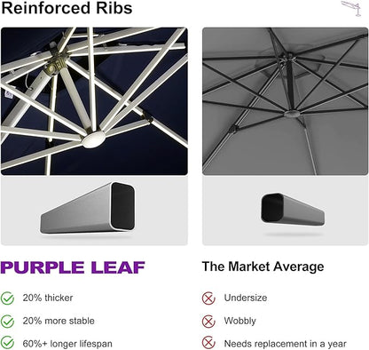 PURPLE LEAF 10' X 10' Solar Powered LED Patio Large Umbrella Offset Double Top Hanging Umbrella Outdoor Market Umbrella for Garden, Spectrum Indigo