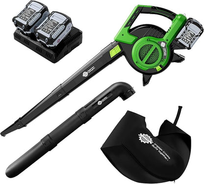 4 Speed Cordless Leaf Vacuum with Bag, 20V Electric Battery Powered, Lightweight Blower and Mulcher, with 2 * 4.0Ah Batteries and 1 Fast Charger, for Patio Cleaning, Lawn Care, Yard Leaves