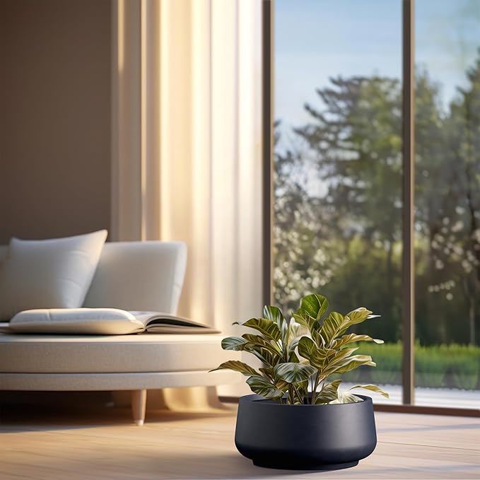 Kante 16.1" Dia Round Curvy Concrete Planter, Large Plant Pots with Drainage Hole and Rubber Plug for Indoor Outdoor Plants, Flower Pot for Home Garden Patio Porch, Charcoal