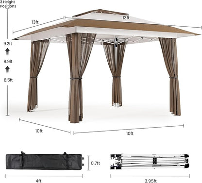 Bealife 13x13 Pop Up Gazebo Tent with Mosquito Netting, Outoor Canopy Tent with 4 Sandbags, 8 Stakes, 4 Ropes, Roller Bag, Pop Up Canopy for Lawn Backyard Garden Deck (Beige, 13x13)
