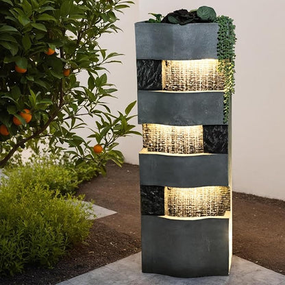 40.5''H Garden Water Fountain Outdoor,4 Tiers Floor Standing Waterfall Outdoor Fountains with LED Lights for Garden, Patio, Backyard, Deck, Porch and Home Art Decor
