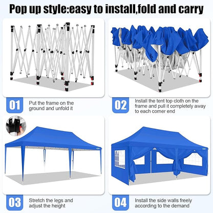 COBIZI 10x20 Pop Up Canopy with 6 Sidewall, Commercial Canopy UPF 50+ Waterproof Outdoor Gazebo with Carry Bag, Tents for Parties with Upgrade Frame, 3 Height Adjustable, Blue